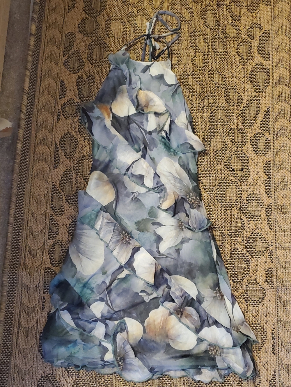Floral Ruffle Halter Mimi Dress - Blue Green